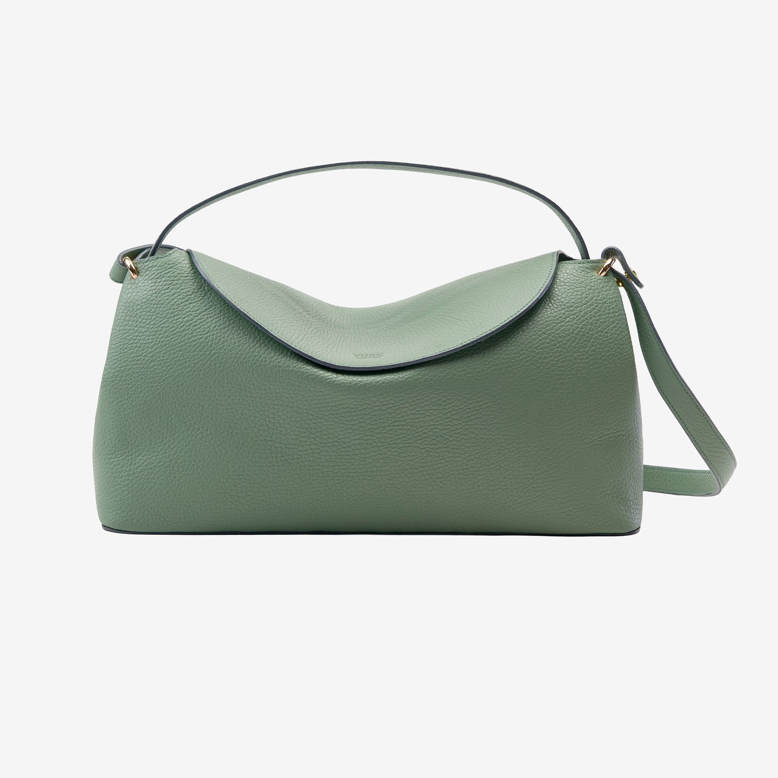 Green Italian leather handbag with a strap on a white background - SAGE