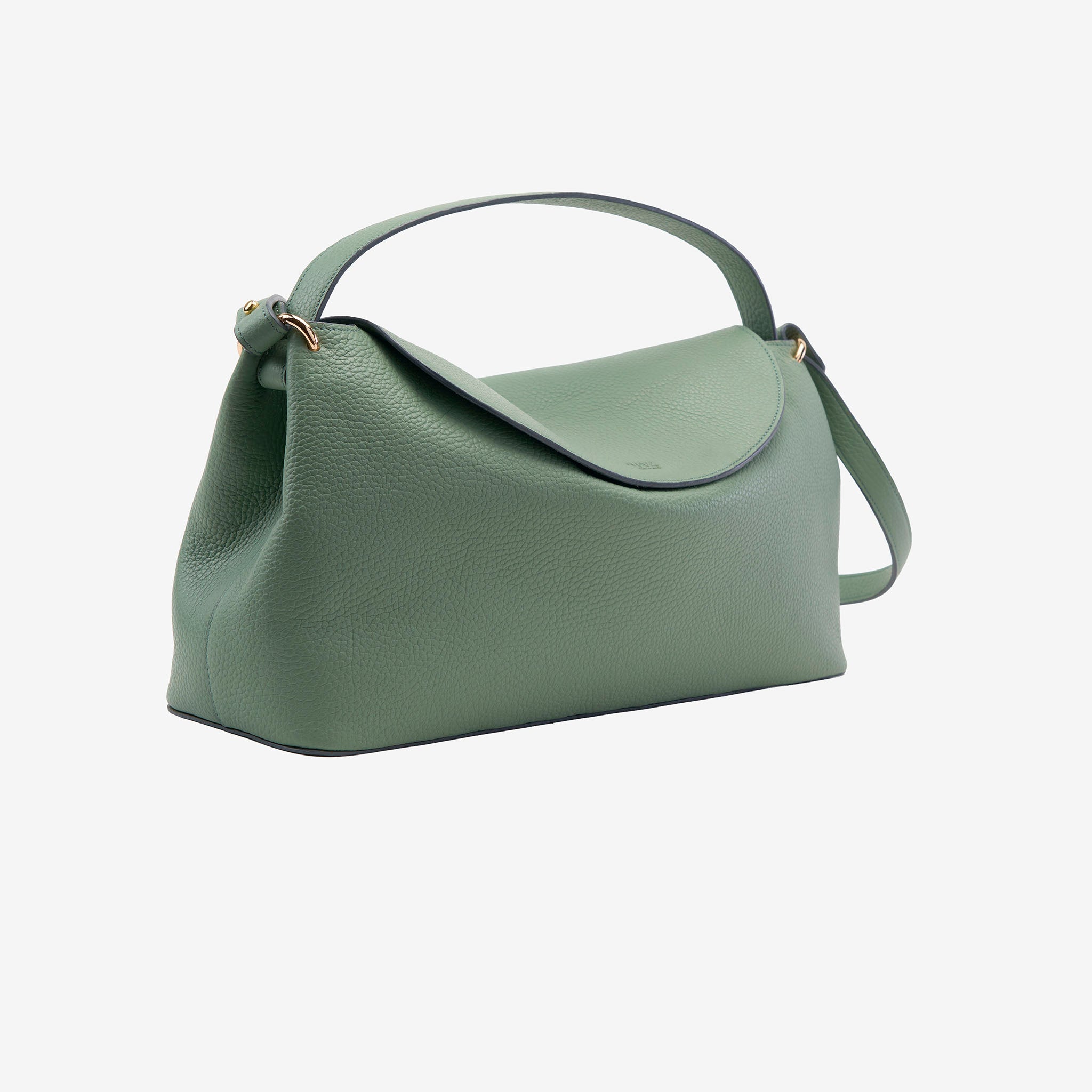 Green Italian leather handbag on an angle with a strap on a white background - SAGE