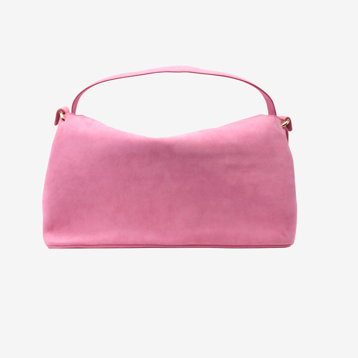Pink suede handbag on a light pink background -BLUSH