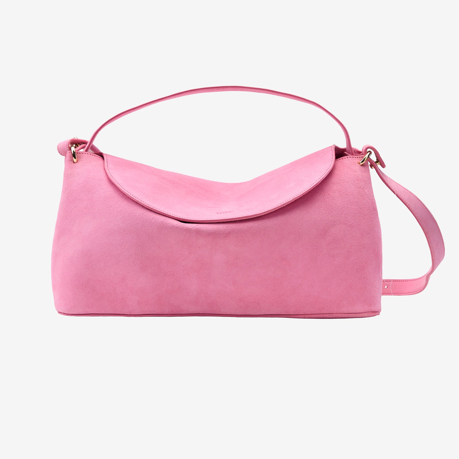 Pink suede handbag with a strap on a light gray background - BLUSH