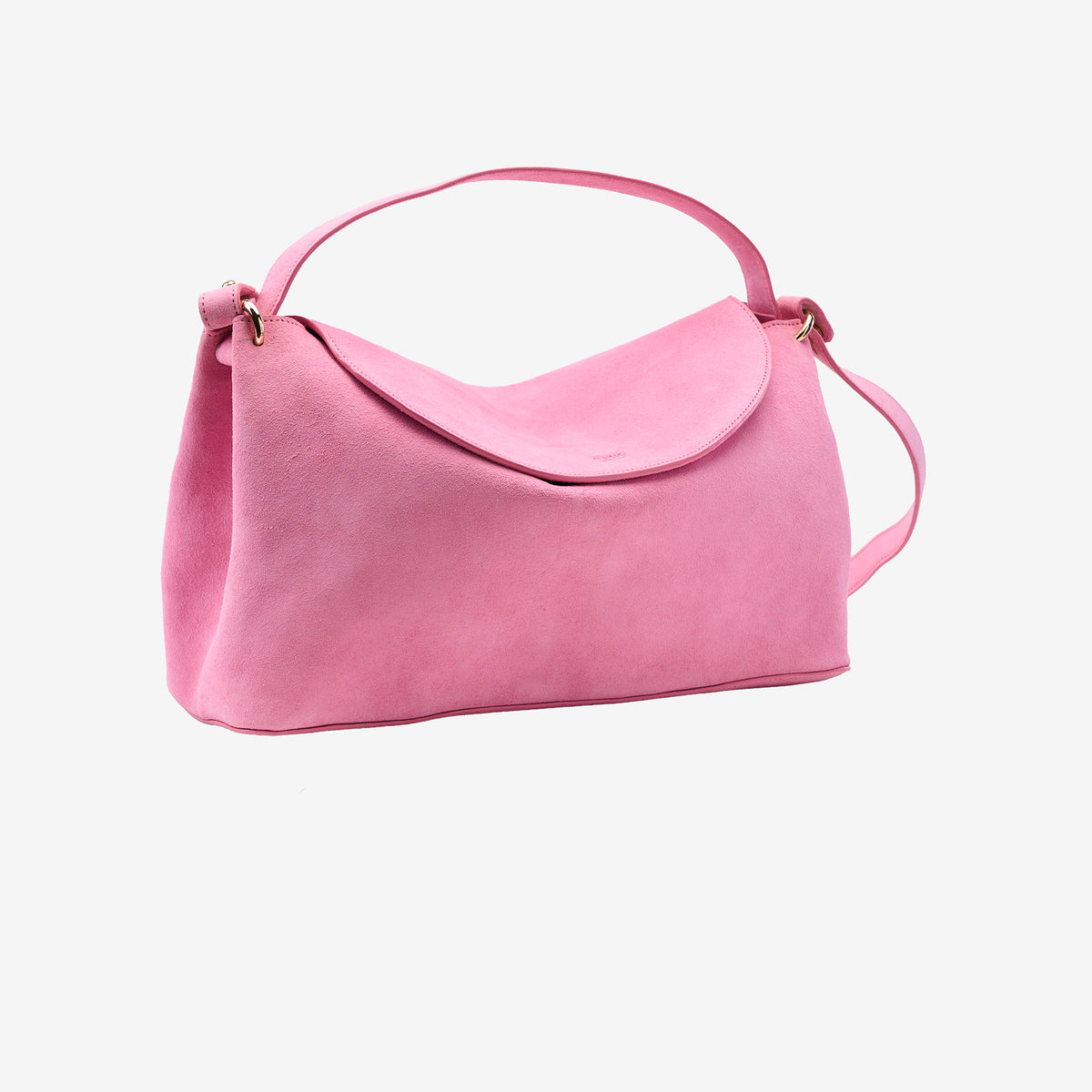 Pink suede handbag on a light gray background - BLUSH