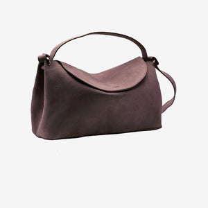 Brown italian suede leather handbag on an angle with a shoulder strap on a white background - BROWN