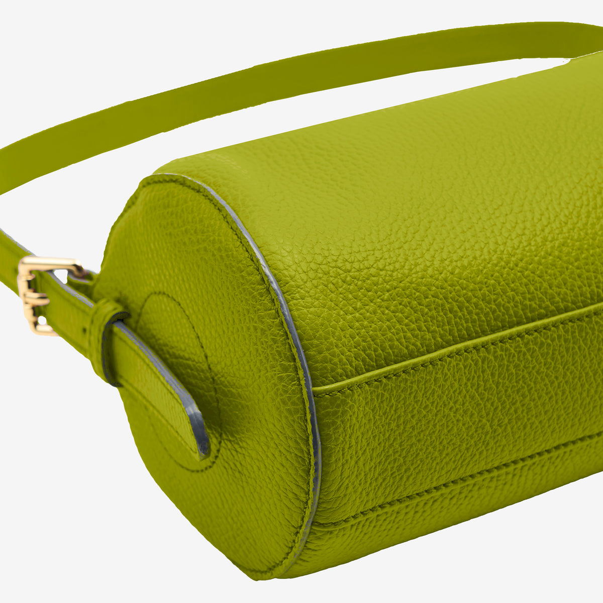 Tusk 9944 Amoli Barrel Bag in Italian pebble-grain cowhide leather. Close-up showing the barrel shape, leather texture and gold buckle - AVOCADO