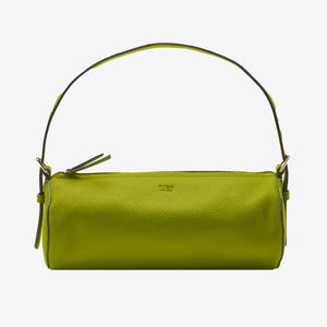 Tusk 9944 Amoli Barrel Bag in Italian pebble-grain cowhide leather. Front view showing the shoulder strap and zip closure - AVOCADO