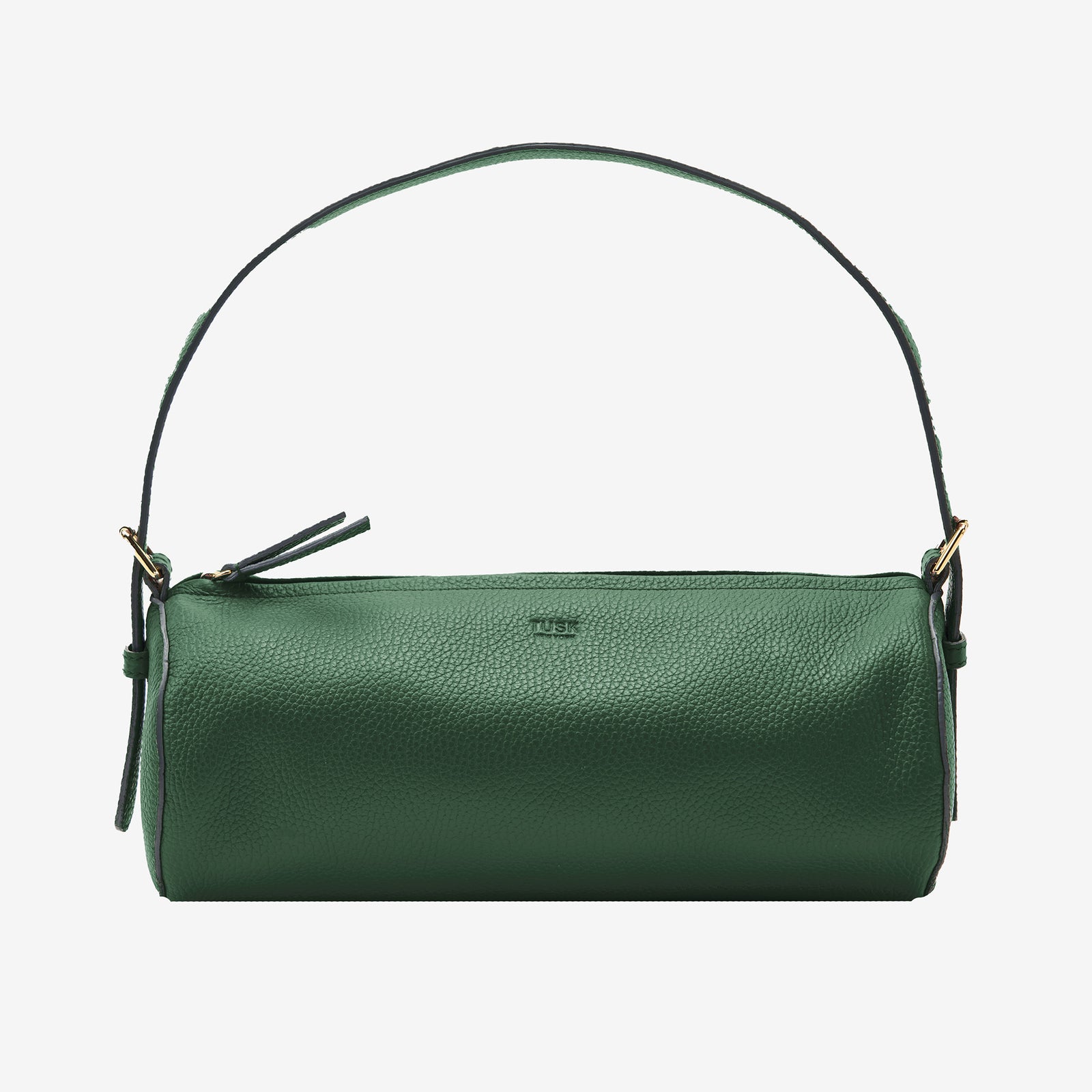 Tusk 9944 Amoli Barrel Bag in Italian pebble-grain cowhide leather. Front view showing the shoulder strap and zip closure - FOREST