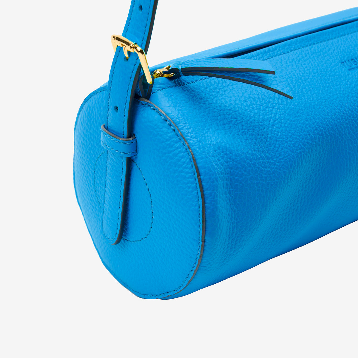 Blue handbag with a gold buckle on a white background