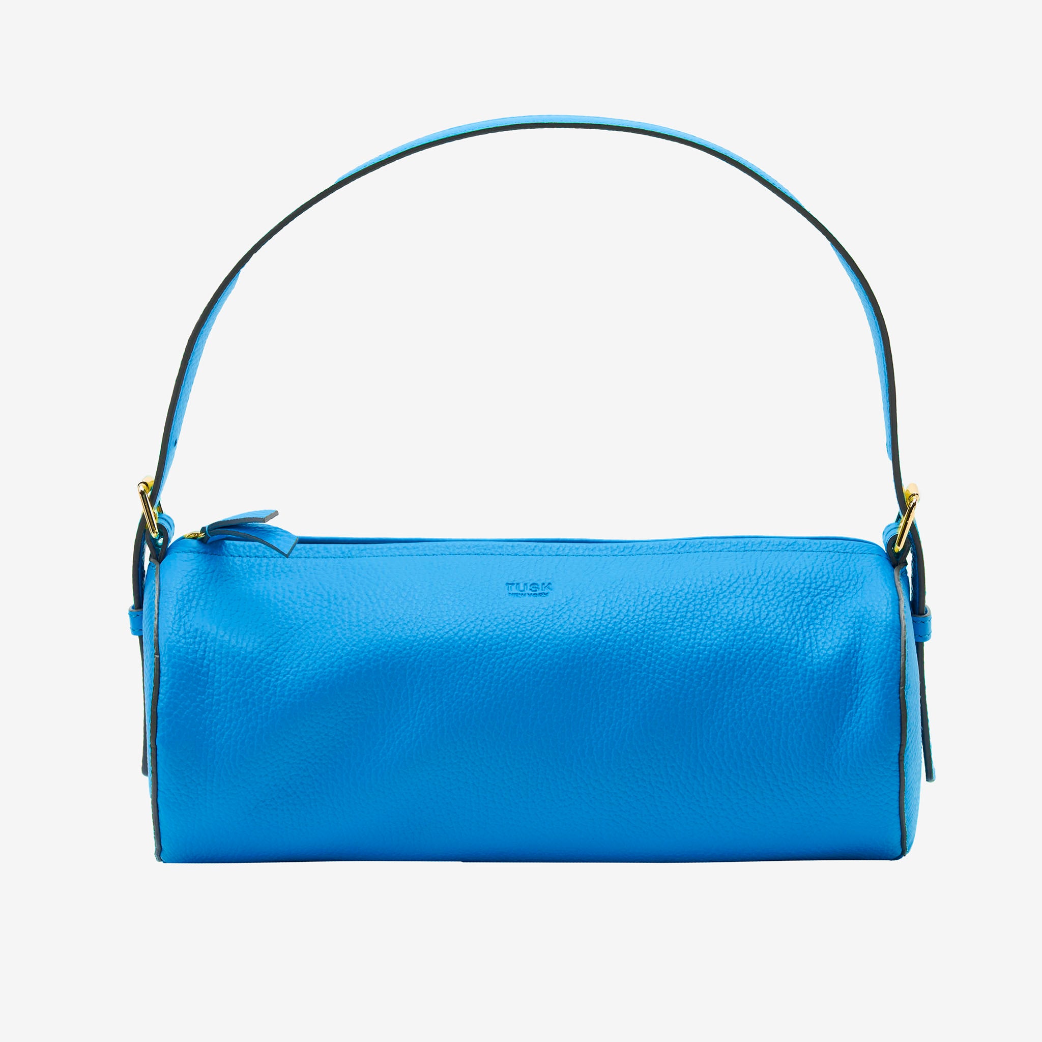 Blue handbag with  gold hardware on a white background