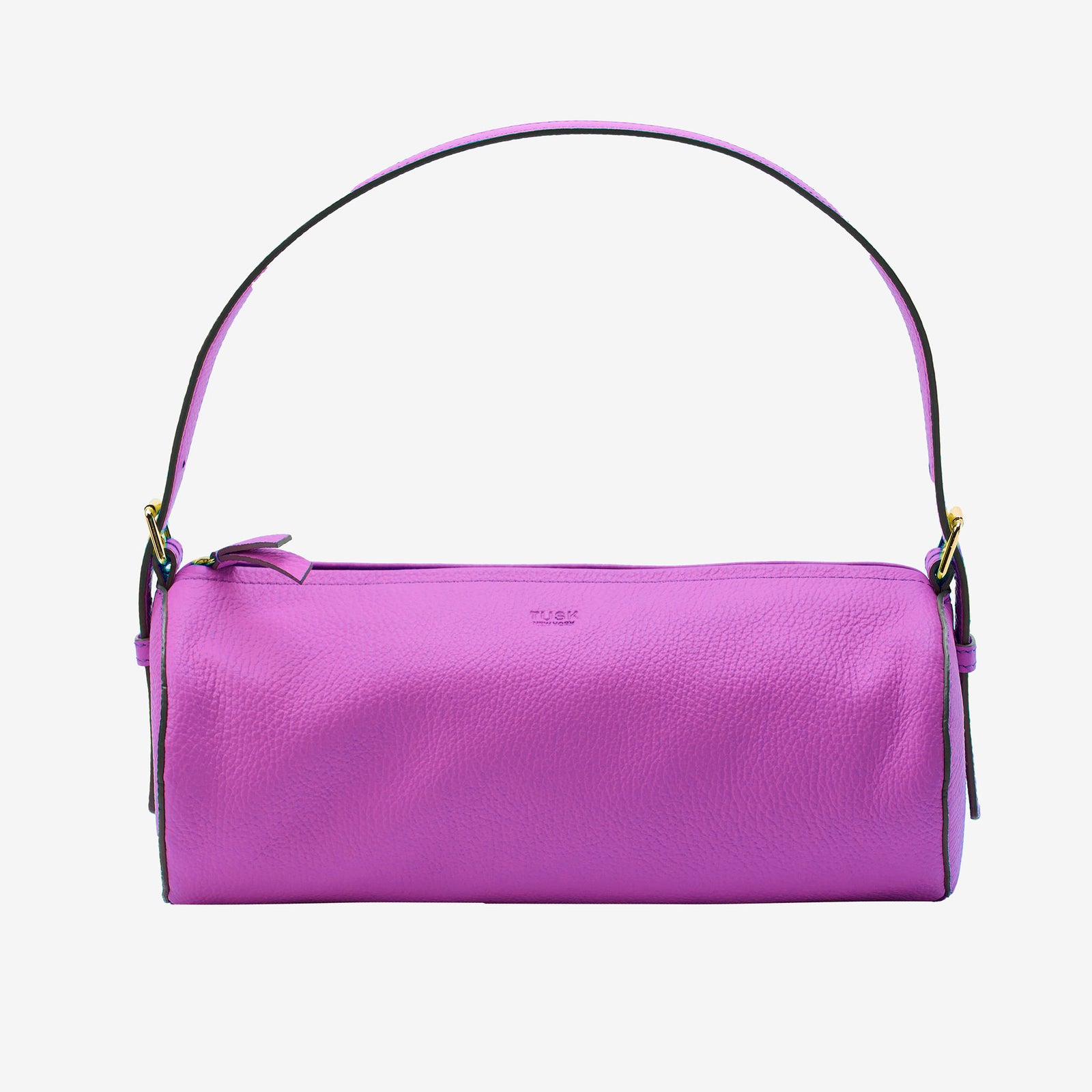 Purple Italian leather handbag with a gold clasp on a light gray background - MAGENTA