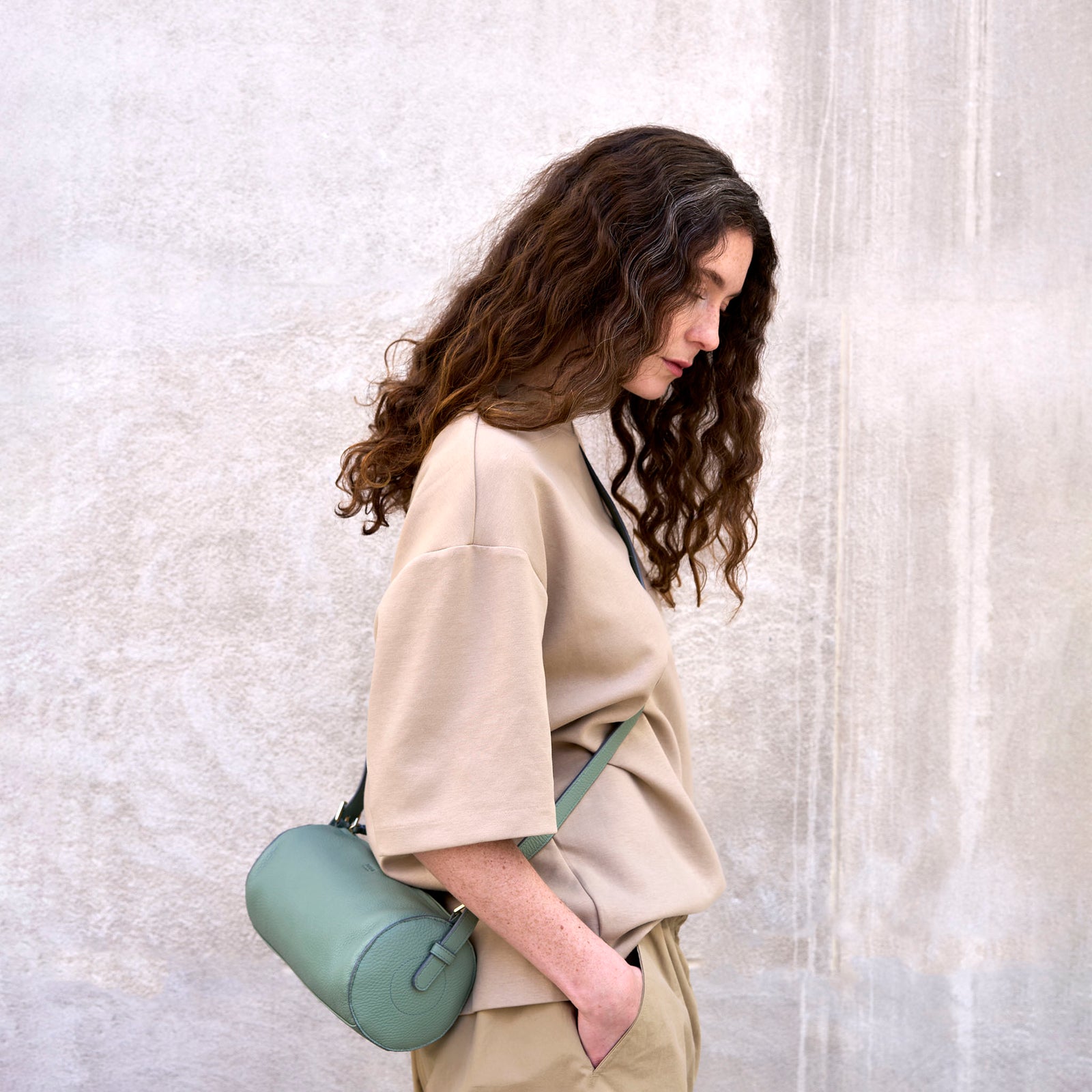 tusk 9944 italian pebblegrain leather barrel bag sage front - SAGE