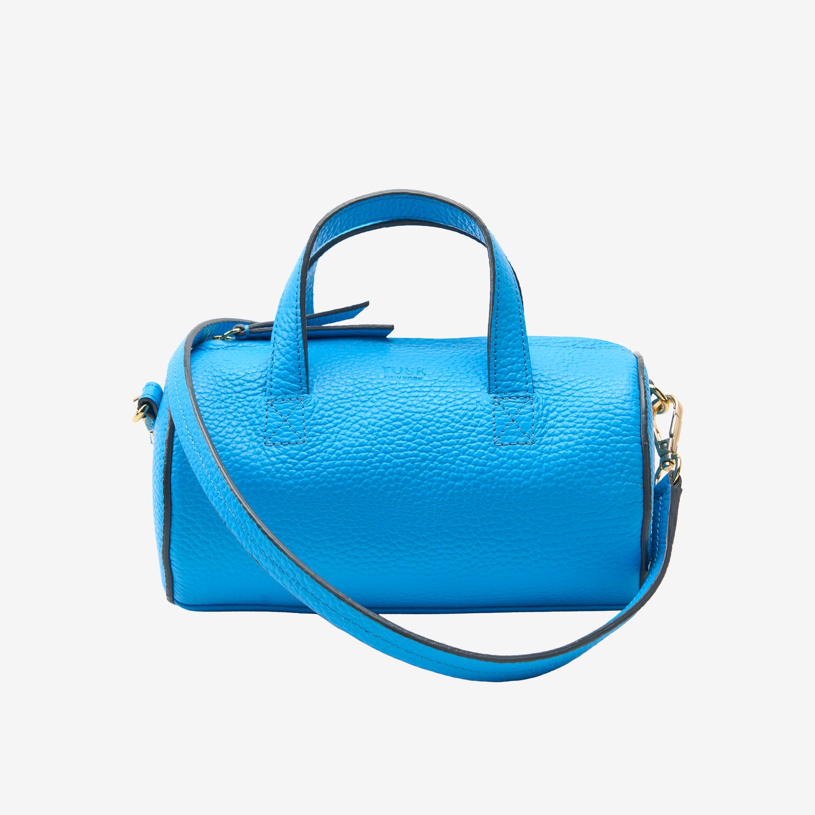 sai mini barrel bag azure italian leather front view crossbody strap - AZURE