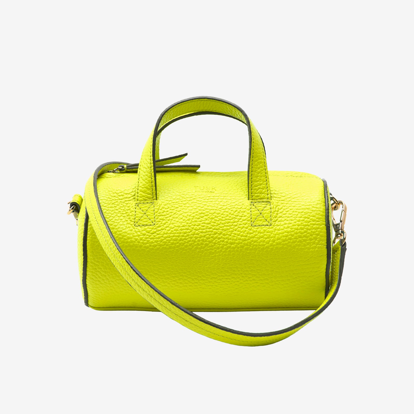 Sai Mini Barrel Bag in lime green Italian pebble grain leather, front view with top handles and crossbody strap - LIME