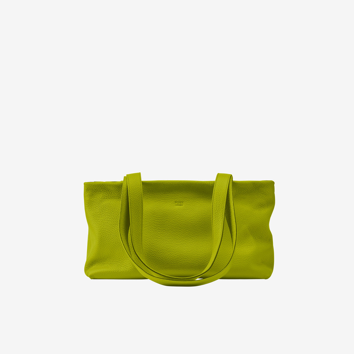 Tusk 9953 Anaya Zip Top Tote in Italian pebble-grain cowhide leather. Front view with shoulder straps down - AVOCADO