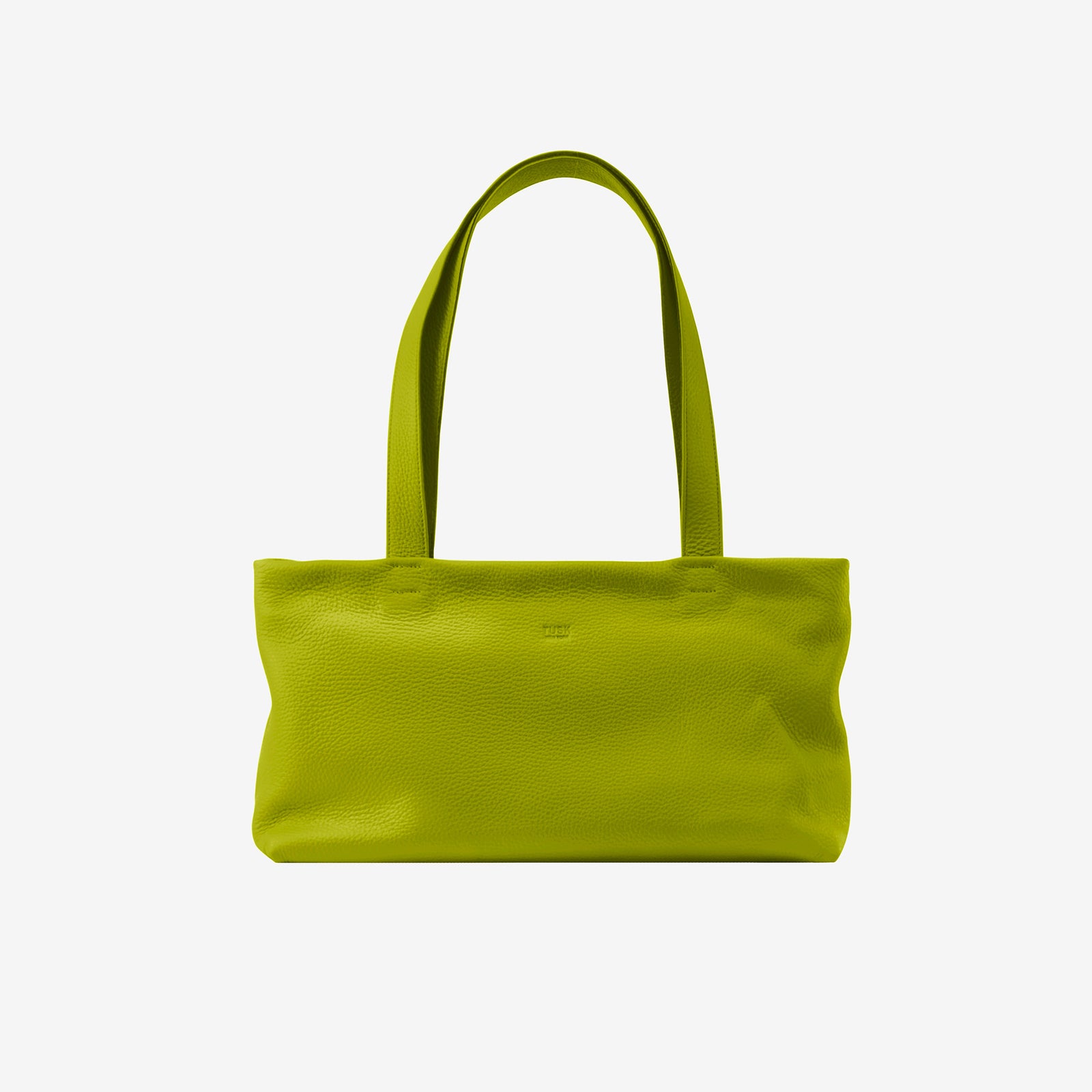 Tusk 9953 Anaya Zip Top Tote in Italian pebble-grain cowhide leather. Front view with long shoulder straps raised - AVOCADO