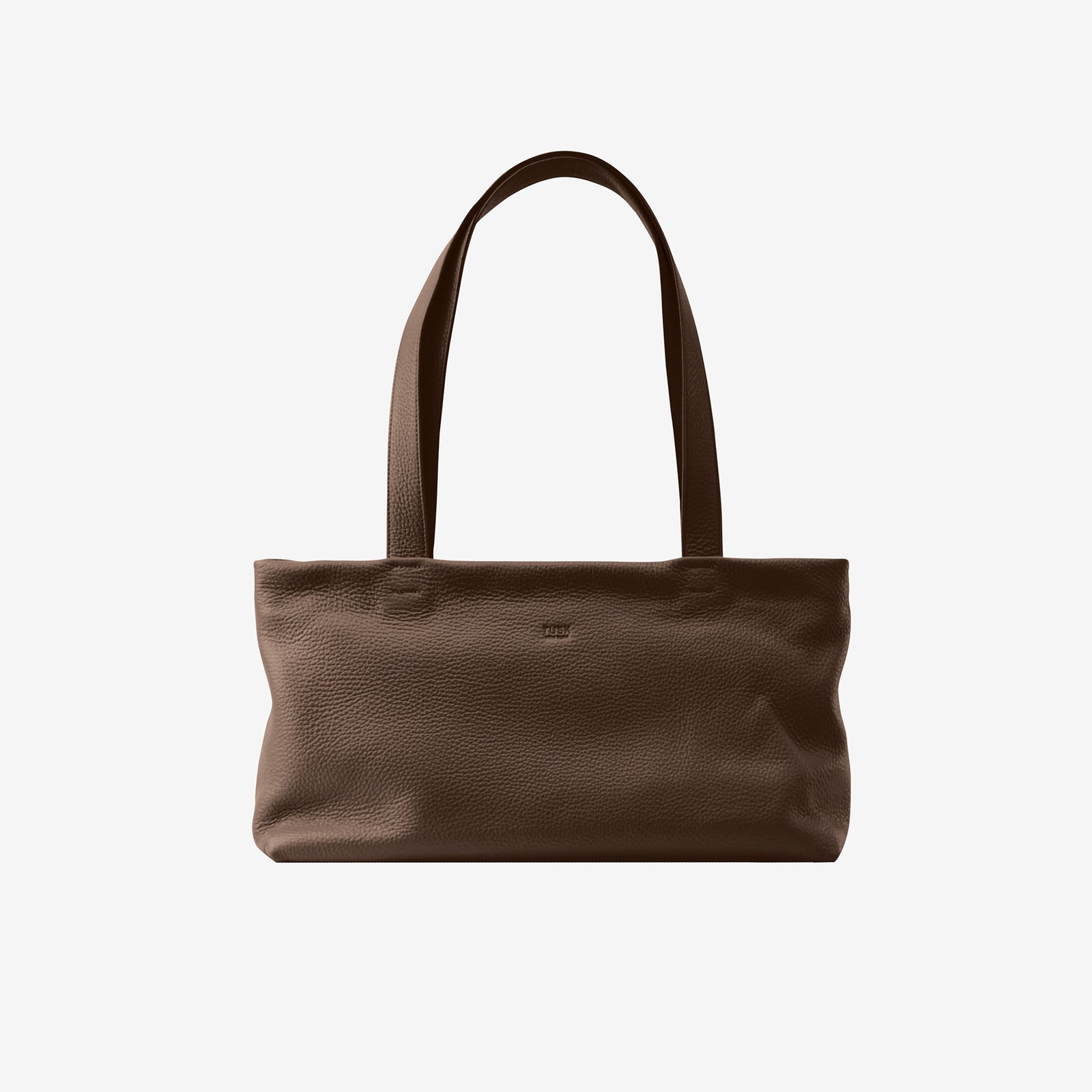 Tusk 9953 Anaya Zip Top Tote in Italian pebble-grain cowhide leather. Front view with long shoulder straps raised - ESPRESSO