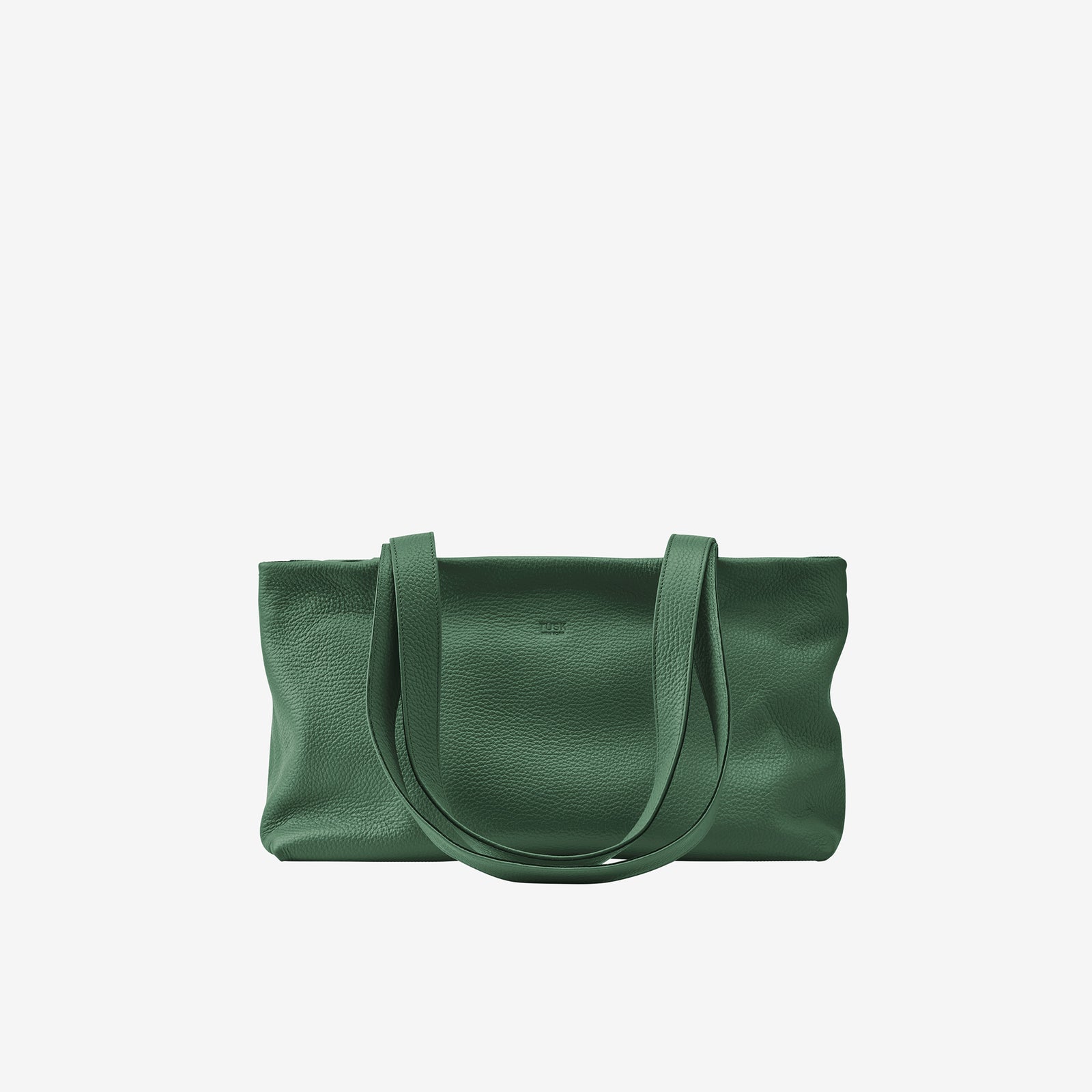 Tusk 9953 Anaya Zip Top Tote in Italian pebble-grain cowhide leather. Front view with long shoulder straps raised - FOREST