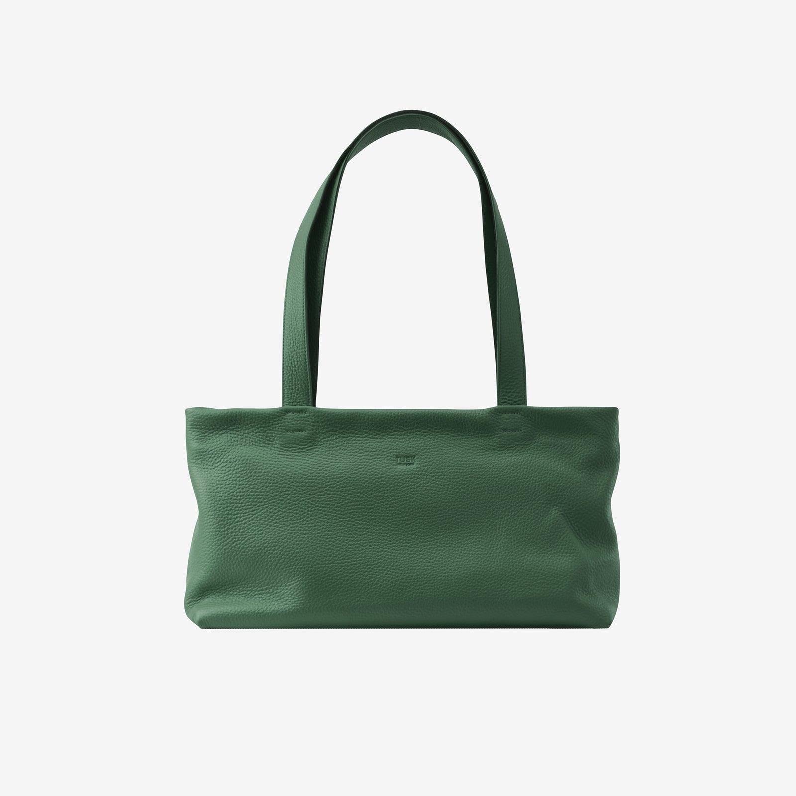 Tusk 9953 Anaya Zip Top Tote in Italian pebble-grain cowhide leather. Front view with long shoulder straps raised - FOREST