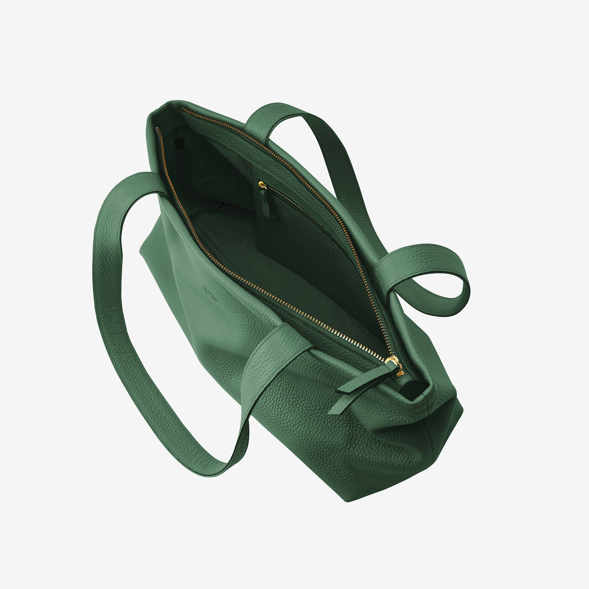 Tusk 9953 Anaya Zip Top Tote in Italian pebble-grain cowhide leather. Open view showing the zip-top opening and interior zipper pocket - FOREST