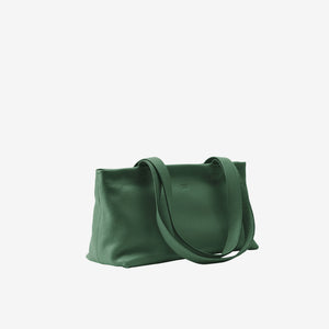 Tusk 9953 Anaya Zip Top Tote in Italian pebble-grain cowhide leather. Side view showing the leather shape and shoulder straps - FOREST
