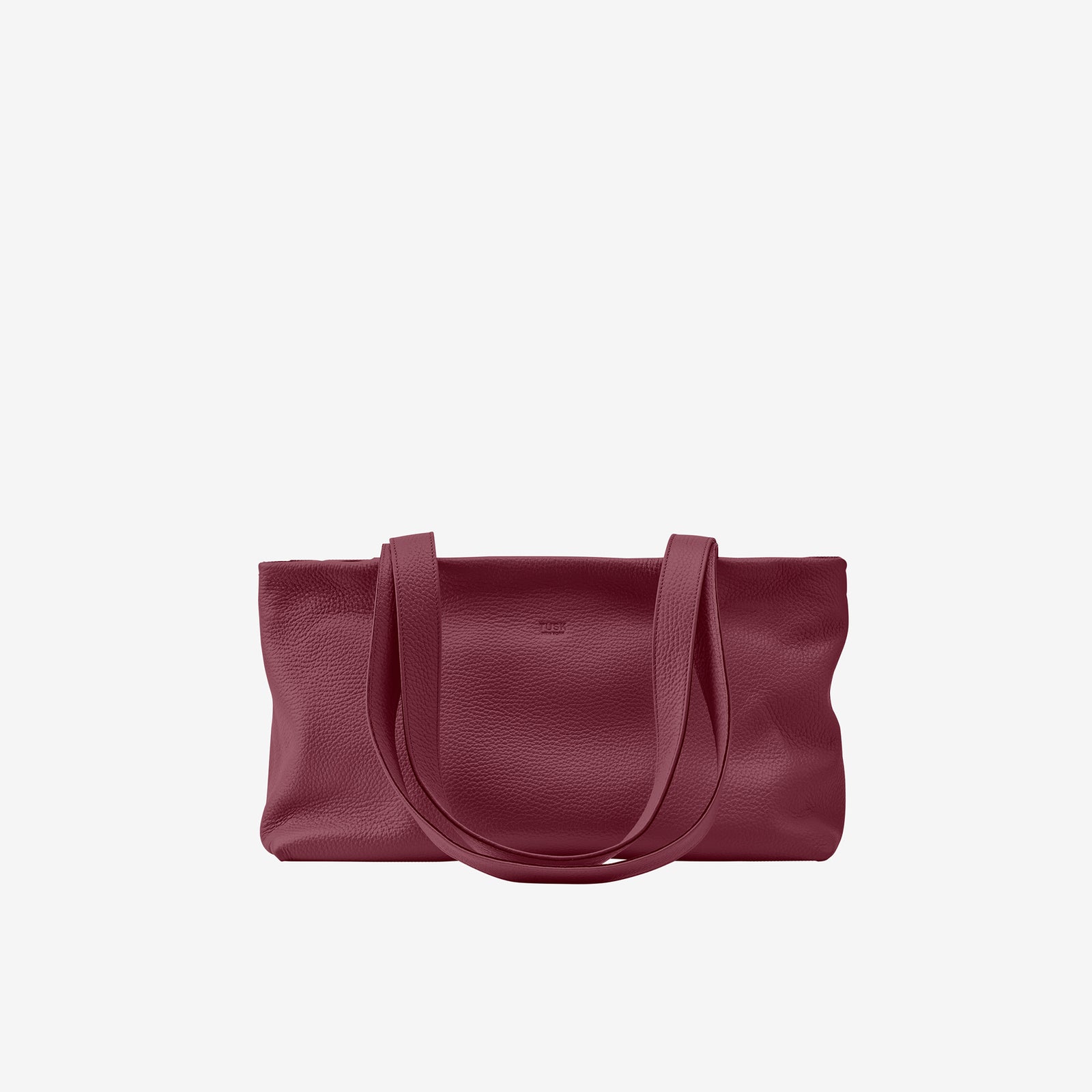 Tusk 9953 Anaya Zip Top Tote in Italian pebble-grain cowhide leather. Front view with long shoulder straps raised - OXBLOOD