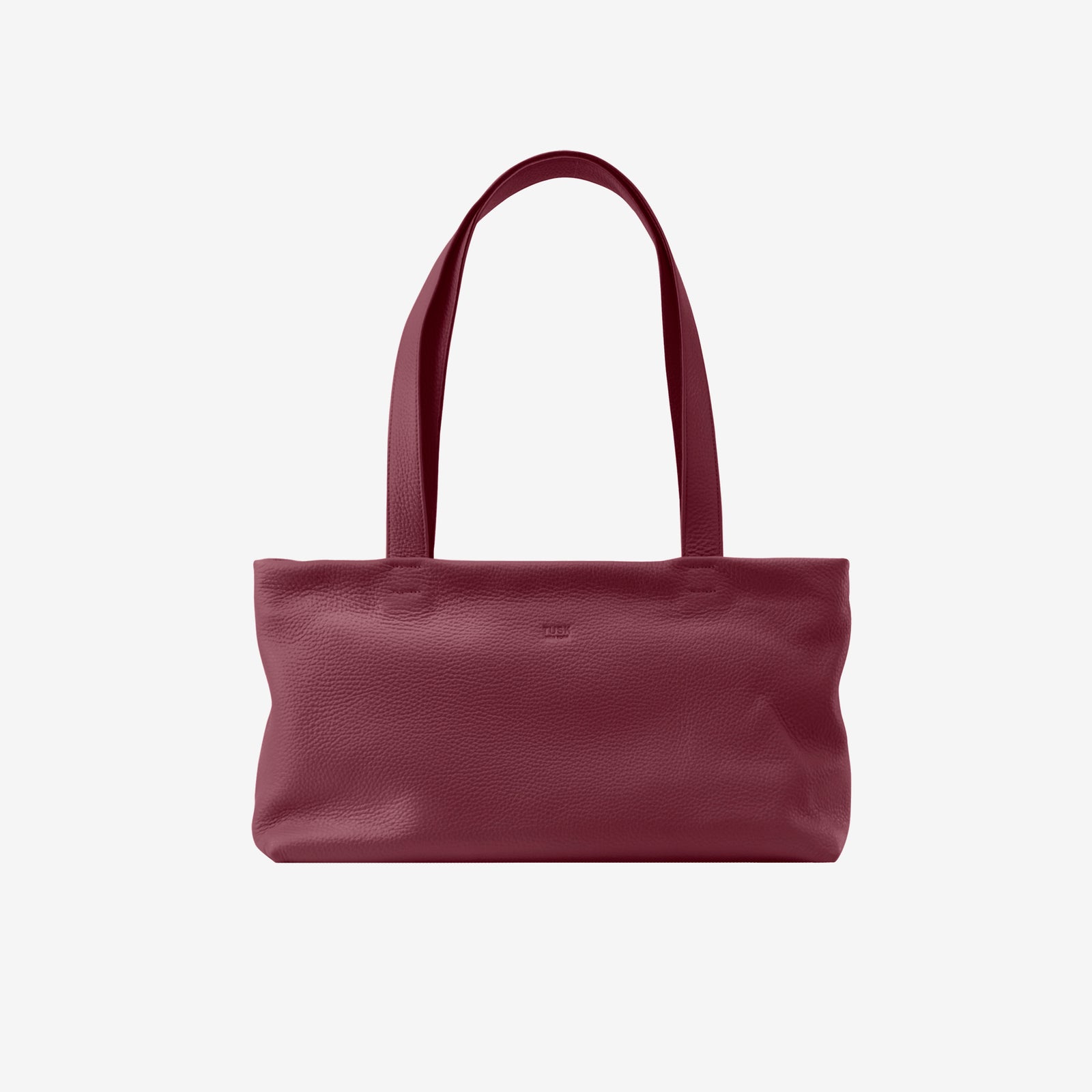 Tusk 9953 Anaya Zip Top Tote in Italian pebble-grain cowhide leather. Front view with long shoulder straps raised - OXBLOOD