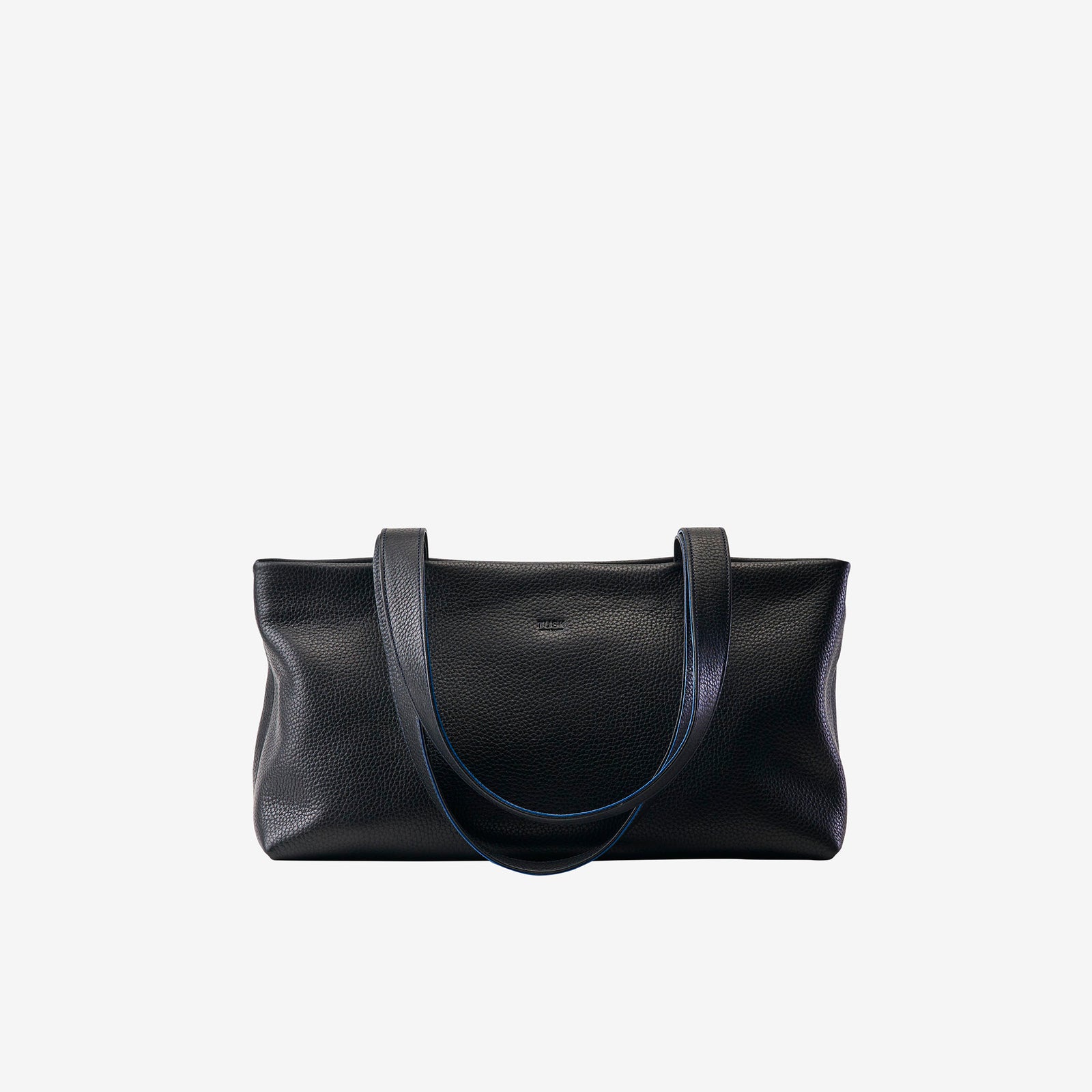 Black Italian leather top zip tote bag with long shoulder straps - BLACK