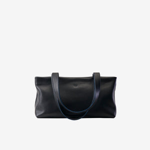 Black leather shoulder tote bag with elongated shape and minimal design - BLACK