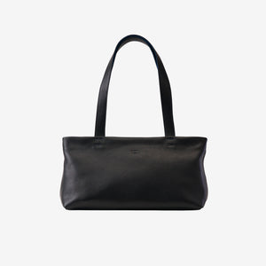 Black Italian leather top zip tote bag with long shoulder straps - BLACK