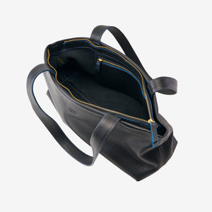 Open black leather tote with zipper closure and interior pocket - BLACK