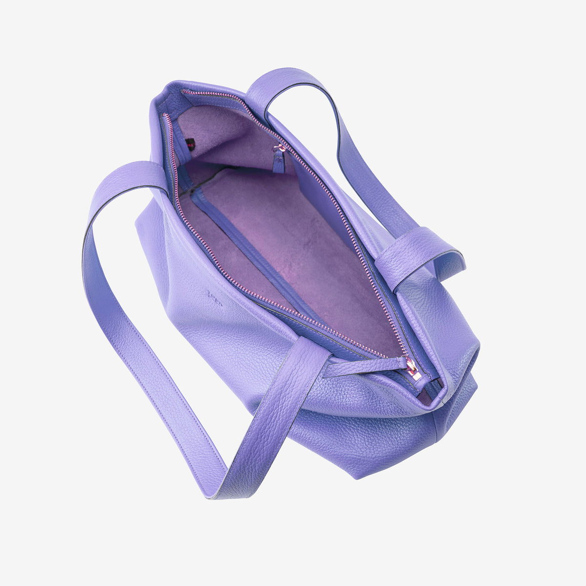 Open lavender leather tote with zipper closure and interior pocket - LAVENDER
