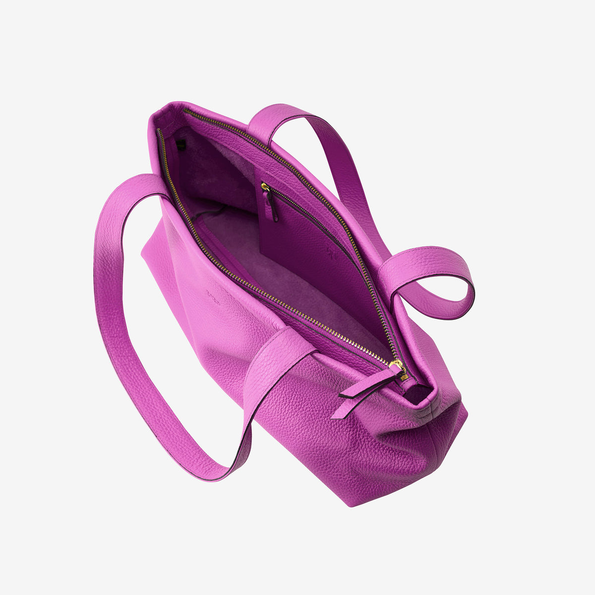 Open magenta leather tote with zipper closure and interior pocket - MAGENTA
