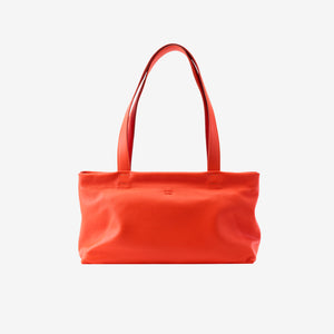 Bright orange Italian leather tote bag with long shoulder straps and a wide, low profile on a neutral background - ORANGE