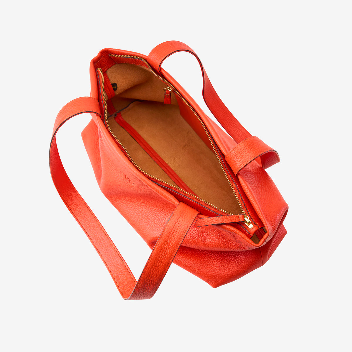 Open orange leather tote with zipper closure and interior pocket - ORANGE