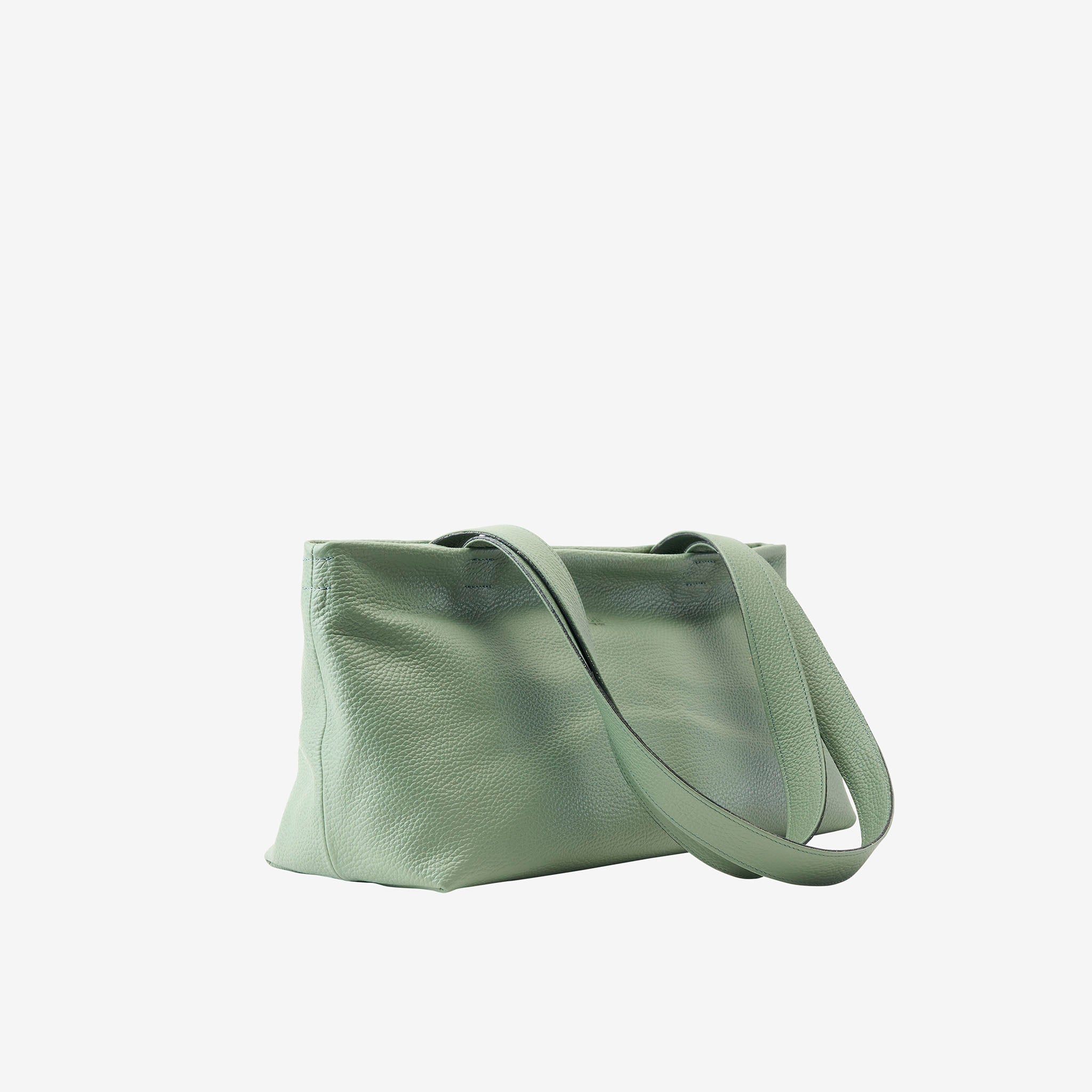 Sage green leather tote bag side view showing depth and soft structured form - SAGE
