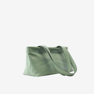 Sage green leather tote bag side view showing depth and soft structured form - SAGE