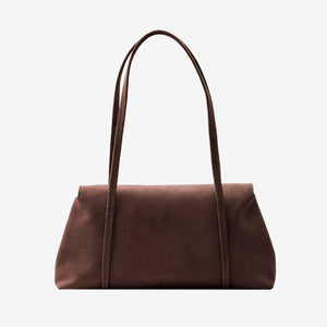 A dark brown suede shoulder bag with a structured, slouchy silhouette and matching brown leather shoulder straps, shown against a plain light gray background - BROWN