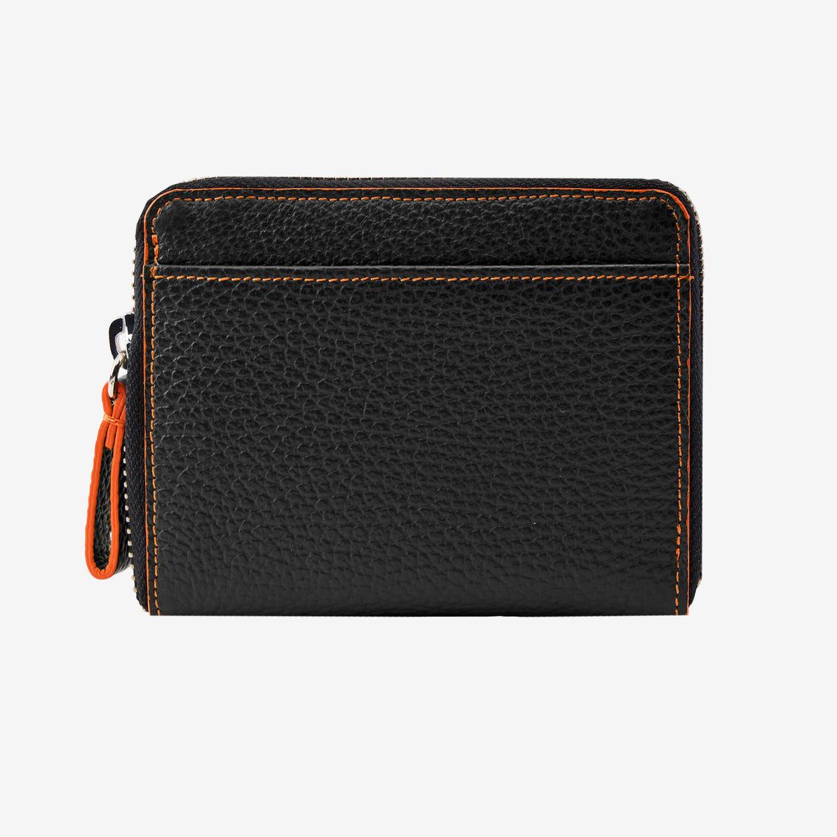 Tusk Amsterdam leather zip-around wallet in black pebble leather, featuring a compact design with bright orange contrast stitching and an orange leather zipper pull tab on a white background - BLACK