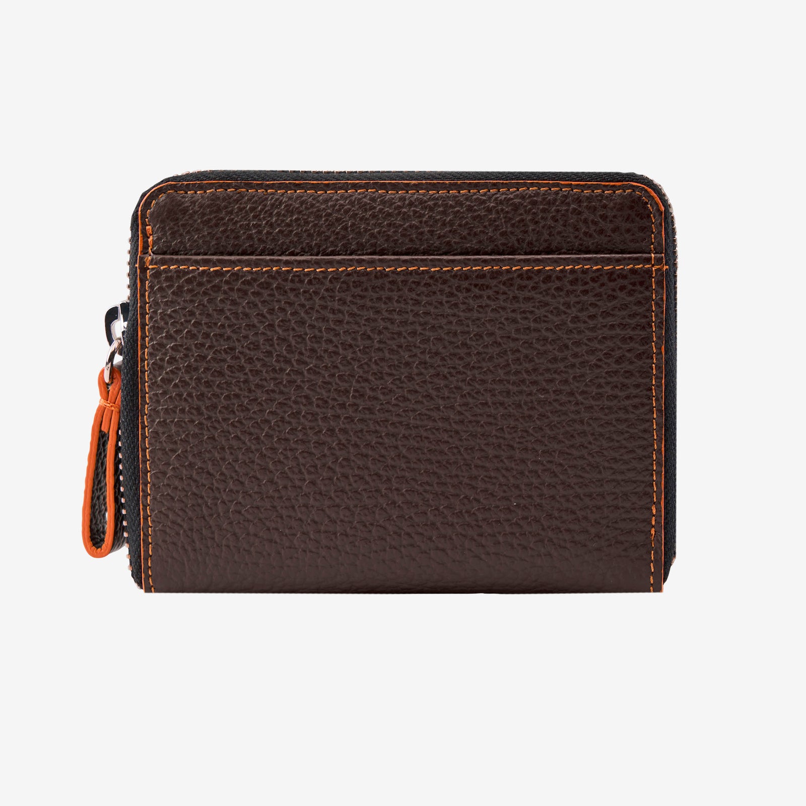 Tusk Amsterdam leather zip-around wallet in chocolate brown pebble leather, featuring a compact design with bright orange contrast stitching and an orange zipper pull tab on a white background - CHOCOLATE