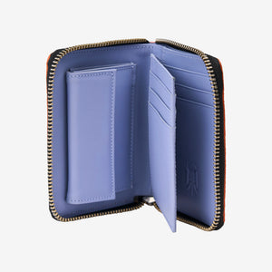 Open interior view of the Tusk Amsterdam men's zip-around wallet in chocolate leather, showing 8 credit card slots, a divided billfold compartment, and a dedicated coin pocket on a white background - CHOCOLATE