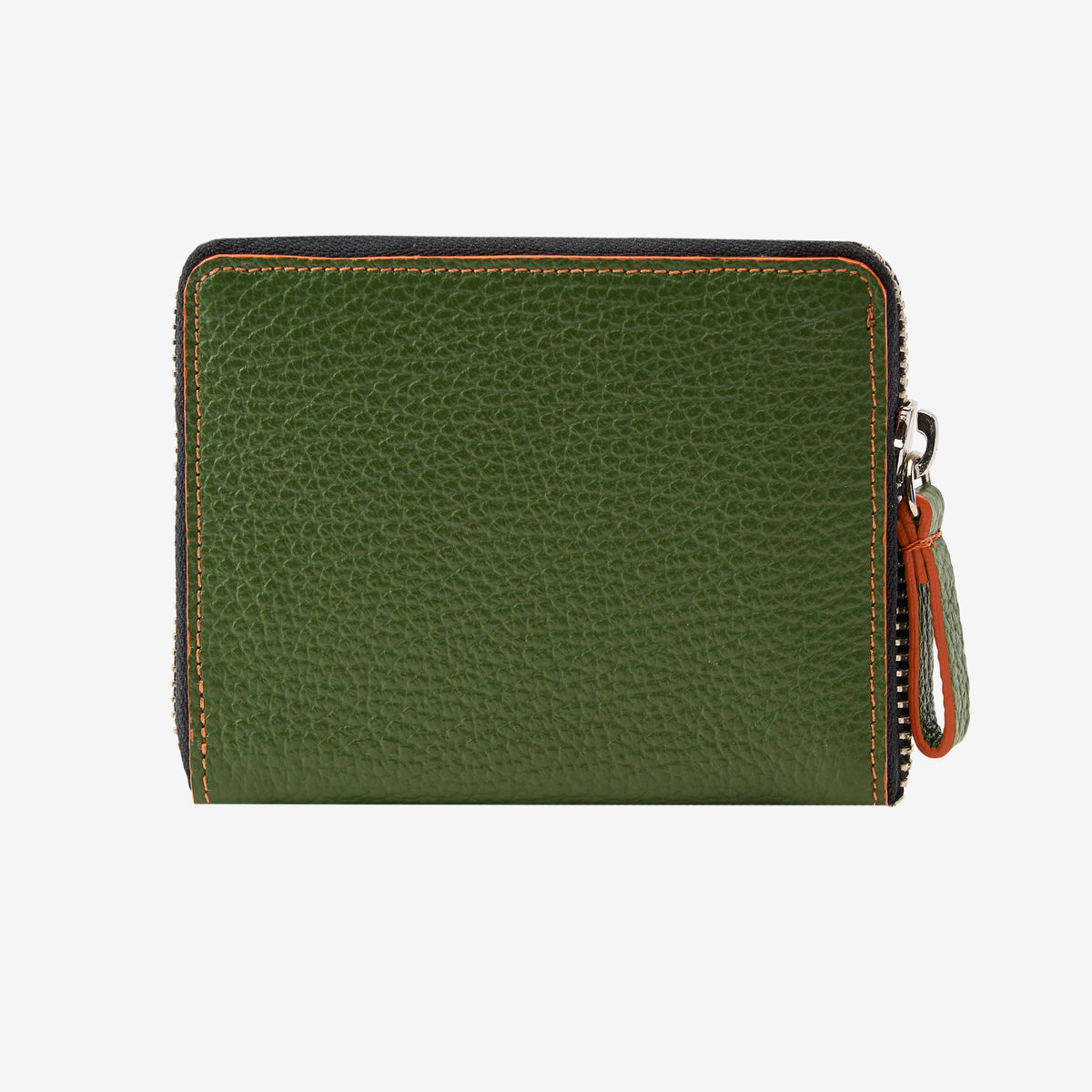 Back view of the Tusk Amsterdam men's zip-around wallet in forest green pebble leather, showing a compact design with black trim and a green leather zipper pull tab on a white background - FOREST