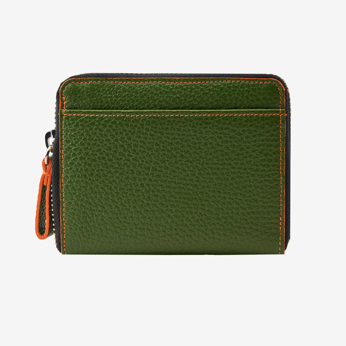 Tusk Amsterdam leather zip-around wallet in forest green pebble leather with an orange zipper pull tab, showcasing a compact design and contrast stitching against a white background - FOREST