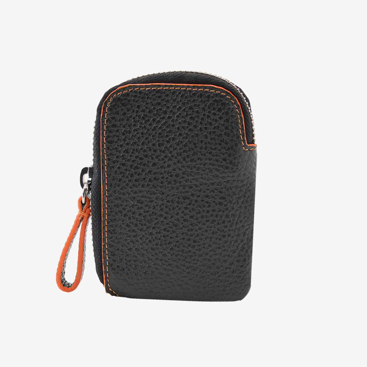 Front view of the Amsterdam Small Zip Card Wallet in Black pebbled leather, featuring a contrasting orange stitched border on a curved edge, a black zipper with a silver pull tab, and an attached leather zipper pull - BLACK