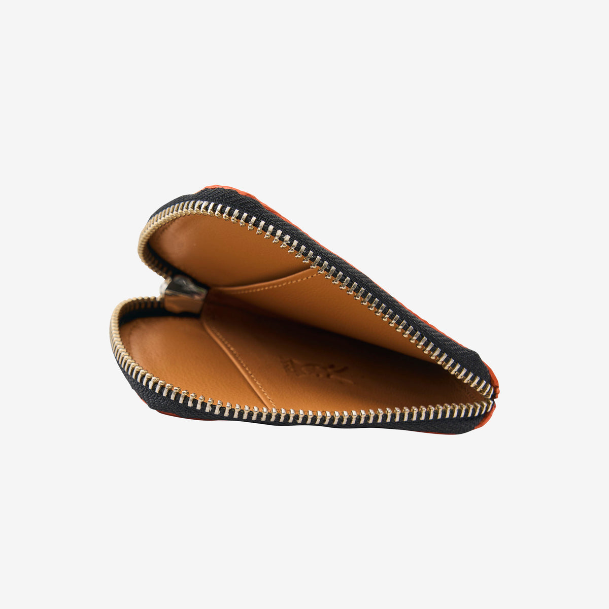 An open view of the Amsterdam Small Zip Card Wallet in Black, showing a smooth tan leather interior with dedicated card slots on both sides and a secure black zipper closure with metallic teeth - BLACK