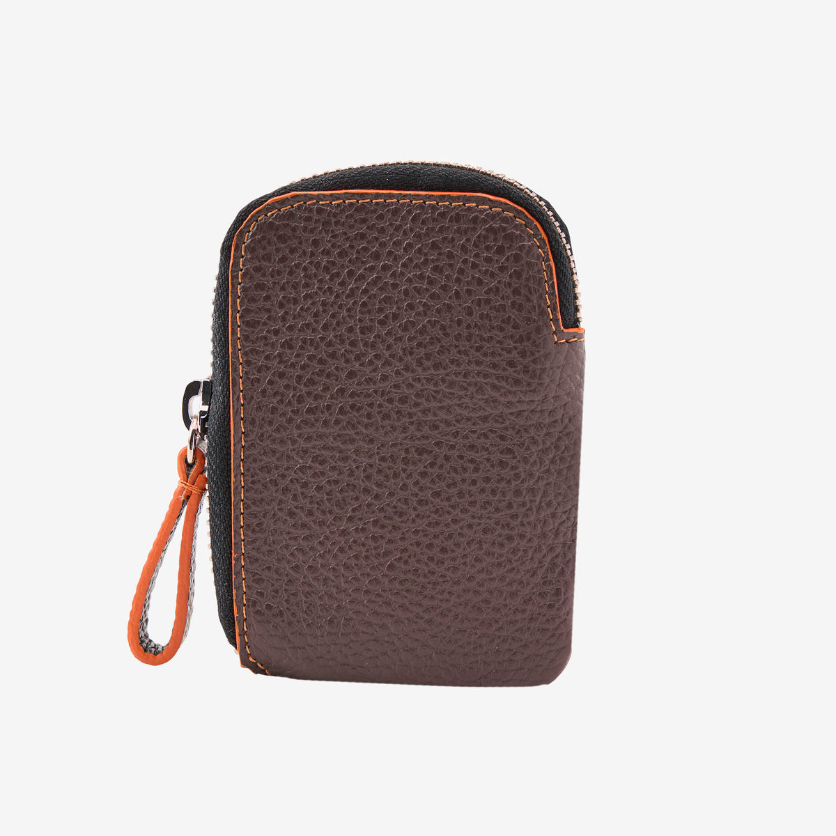 Front view of the Amsterdam Small Zip Card Wallet in Chocolate brown pebbled leather, featuring a contrasting orange stitched border on a curved edge, a black zipper with a silver pull tab, and an attached leather zipper pull - CHOCOLATE
