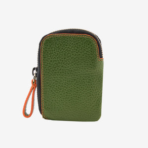A vertical, green pebbled leather zip card wallet with a contrasting orange stitched border. The wallet features a black secure zipper tape along the top and side with a silver metal pull tab, attached to a leather pull - FOREST