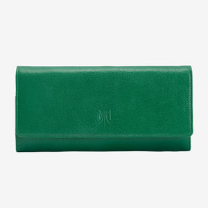 tusk 494 womens siam leather accordion wallet emerald and geranium front -  EMERALD/GERANIUM