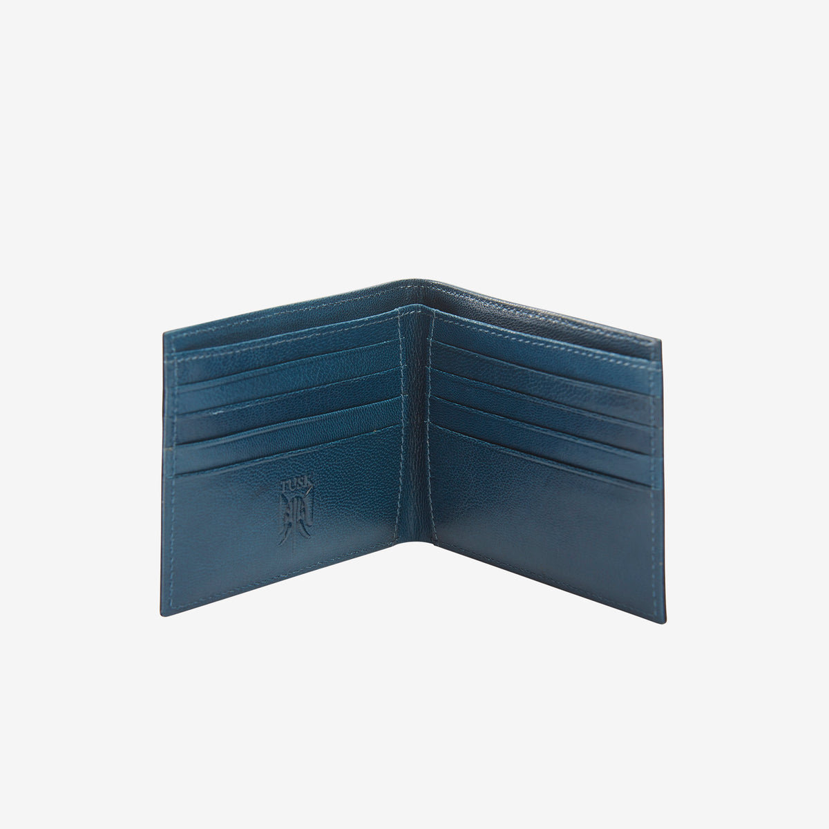  tusk 104 mens compact leather billfold wallet chocolate and blue open - CHOCOLATE/BLUE