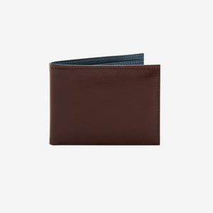 tusk 122 mens compact leather billfold wallet chocolate and blue front - CHOCOLATE/BLUE