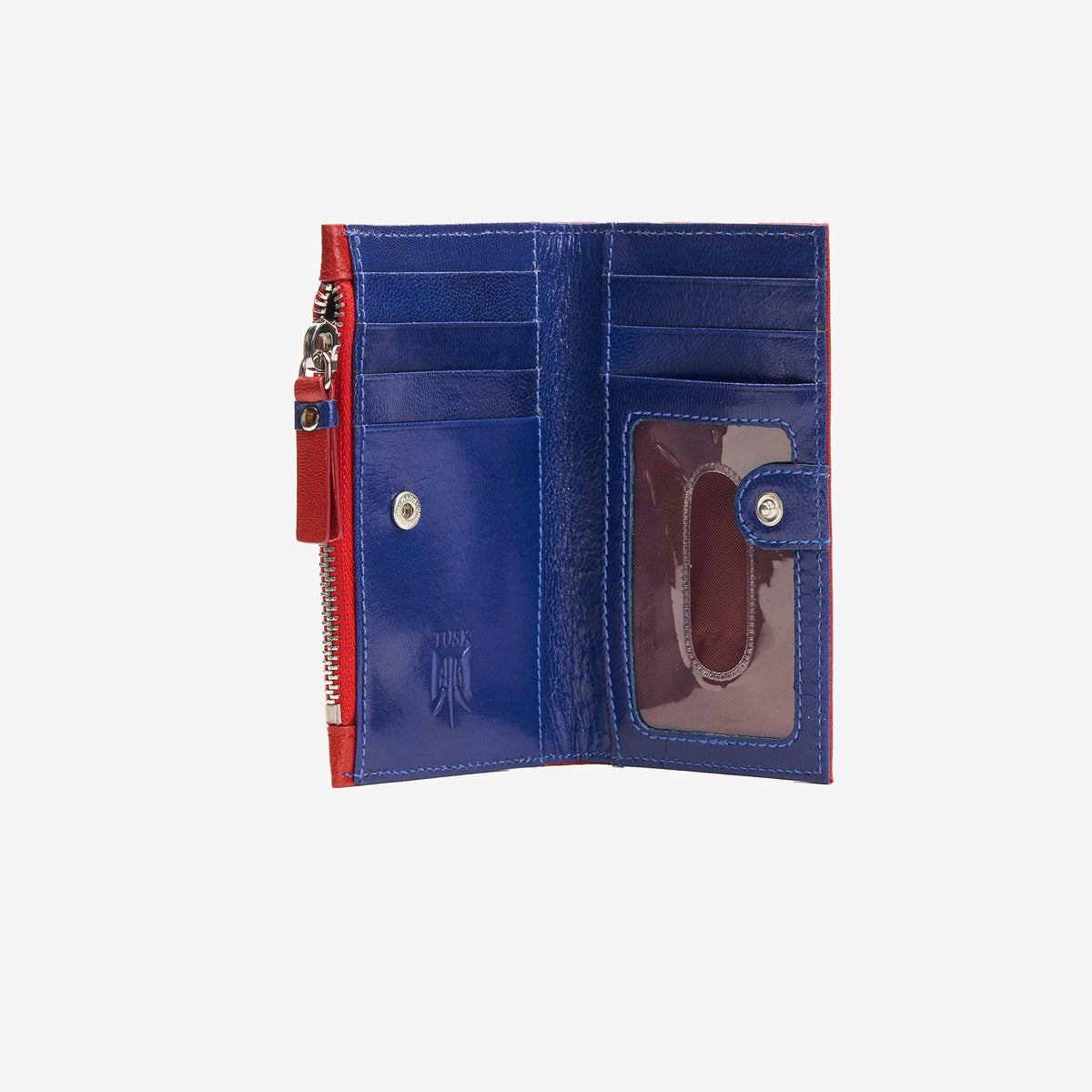     tusk-383-leather-slim-card-case-with-zip-coin-pocket-red-and-marine-open