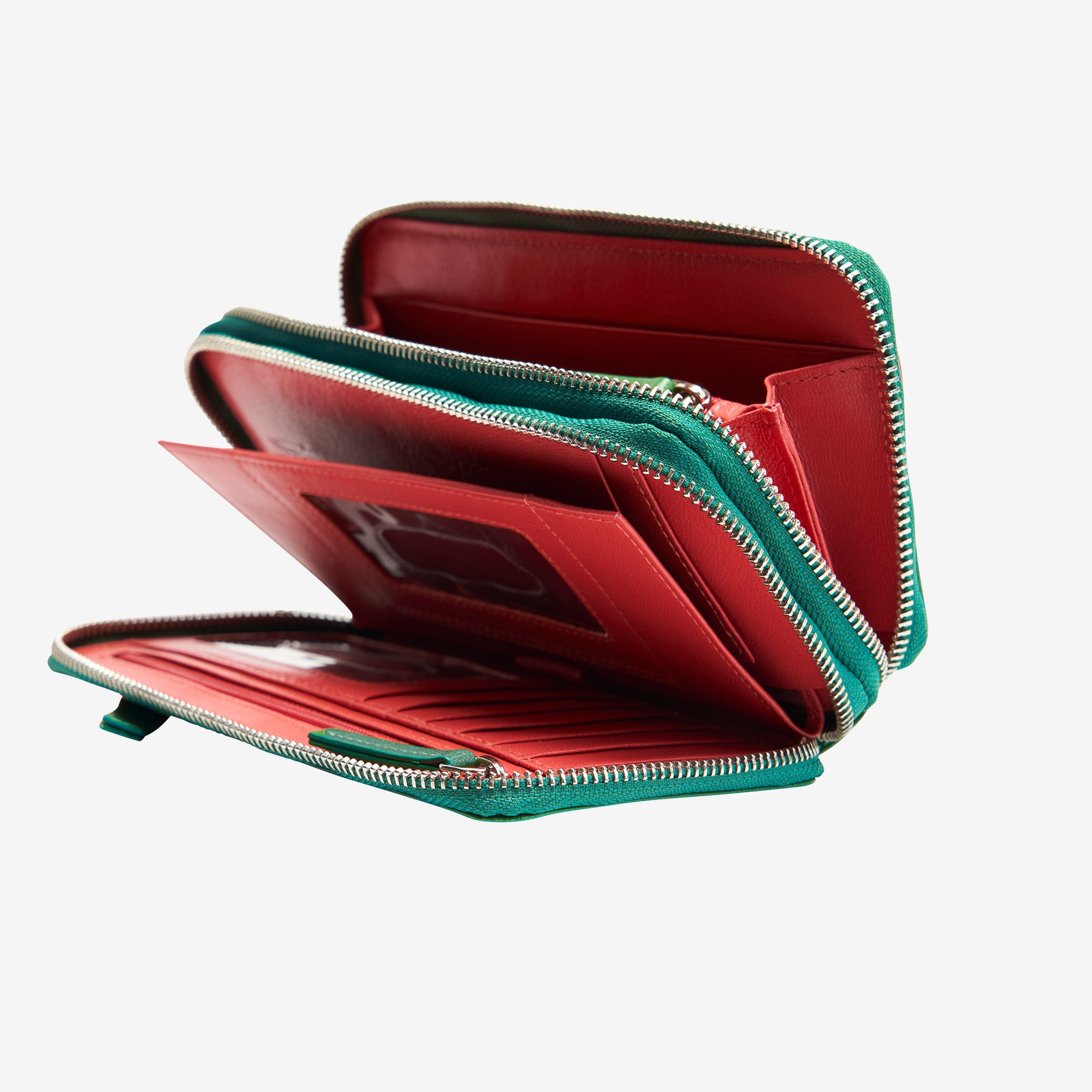     tusk-443-leather-double-zip-wallet-emerald-and-geranium-front