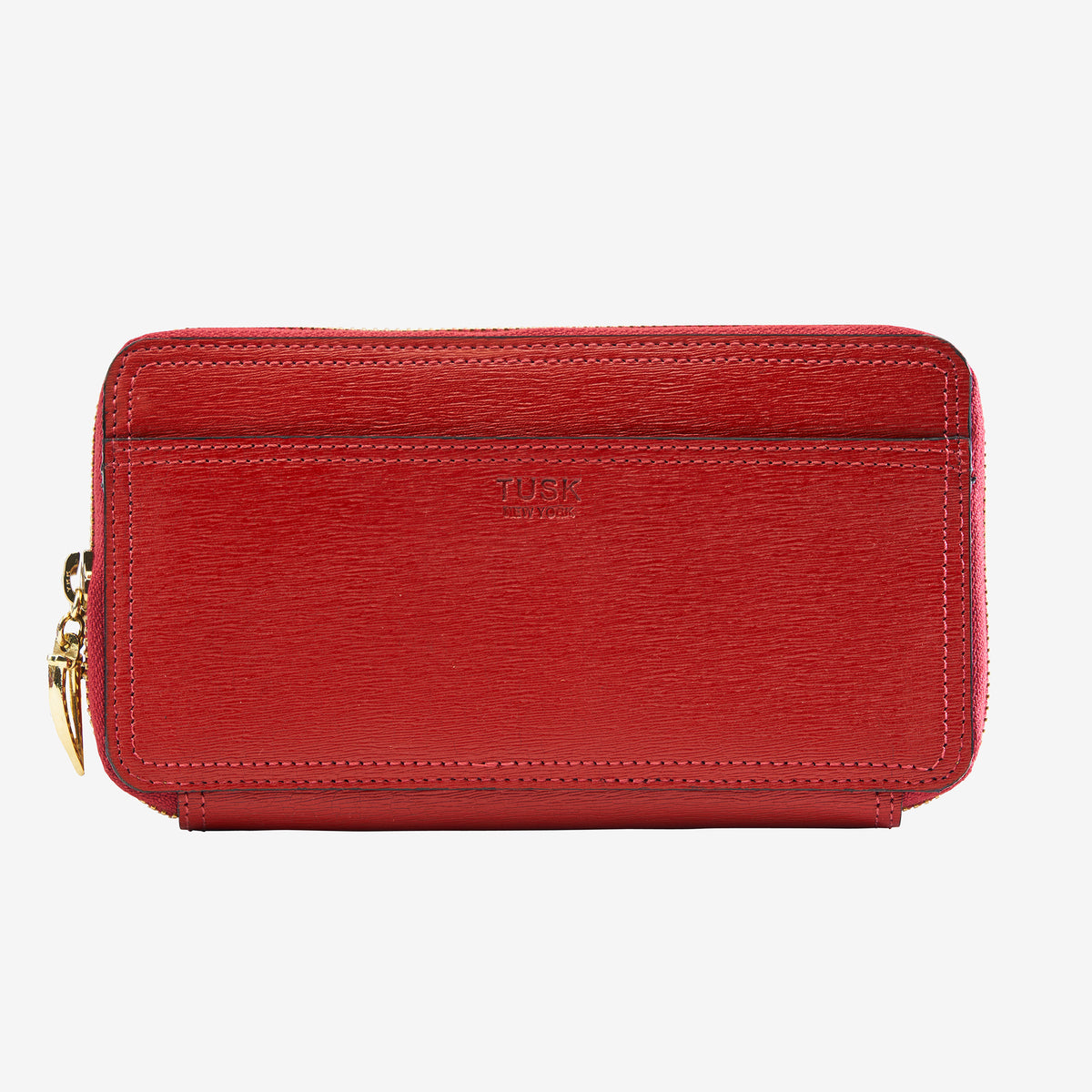 tusk 443 madison saffiano leather double zip wallet red front - RED